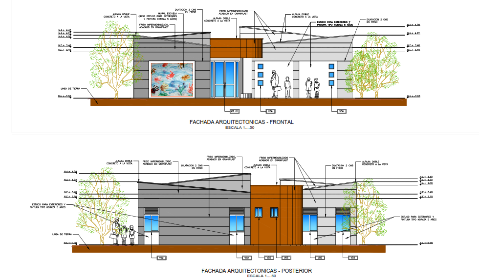 Fachadas arquitectónicas del diseño integral de la Escuela El Palcho