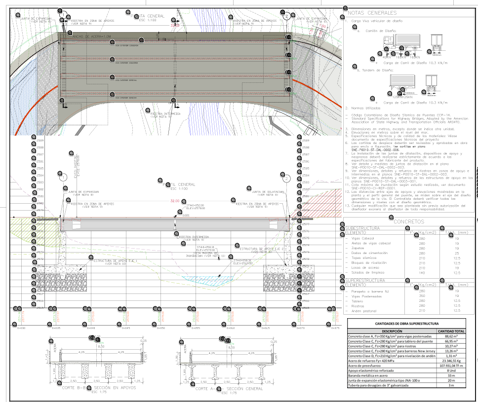 Planos estructurales de un puente vehicular en concreto preesforzado